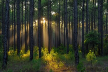 Fototapeta na wymiar Scattered light in a lush green pine forest
