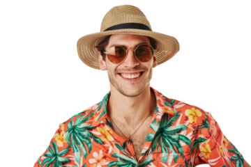 Portrait happy man with summer holiday beach outfits isolated on transparent background for realax at beach on vacation, travel and holidays vacation concept.