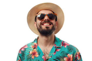 Portrait happy man with summer holiday beach outfits isolated on transparent background for realax at beach on vacation, travel and holidays vacation concept.