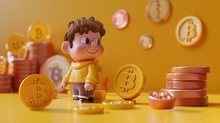 A cartoon boy is standing in front of a pile of gold Bitcoins