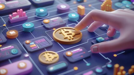 A hand is reaching for a Bitcoin on a computer screen