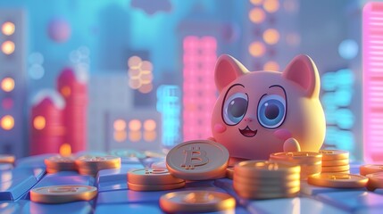 A cartoon cat is sitting on a pile of coins and a bitcoin token