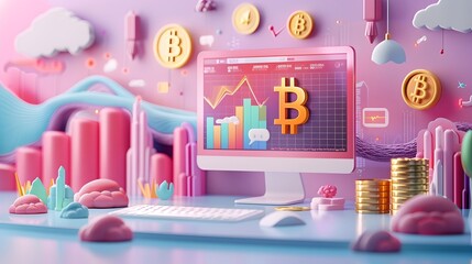 A computer monitor with a pink background and a bunch of coins and a B on it