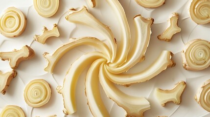 a composition of fresh ginger root slices arranged in a spiral pattern