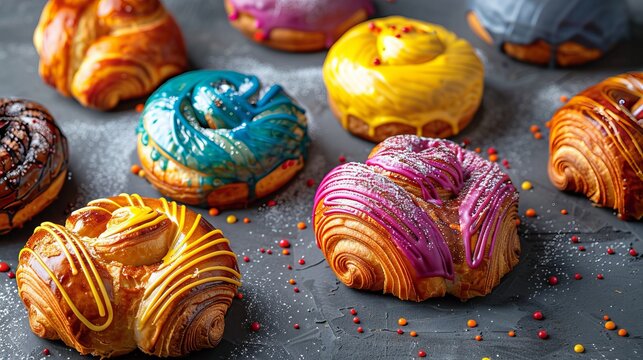 commercial photograph of round croissants covered with multi-colored glaze 