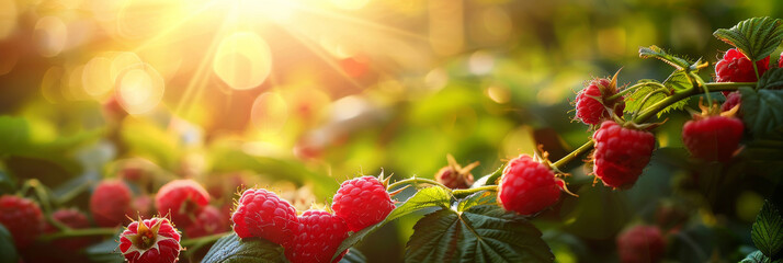 A photo capturing ripe raspberries growing on a bush with the sun shining in the background. The...