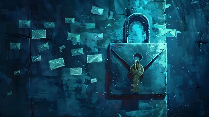 A blue lock with a key on it is surrounded by many envelopes