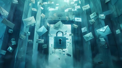 A blue background with a lock and many envelopes