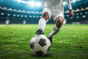 Obraz premium Dynamic soccer play on illuminated field. Focus on the ball and the player feet