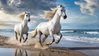 Obraz na płótnie Canvas White Stallions GALLOPING ON THE BEACH with ocean waves and sand splashing 