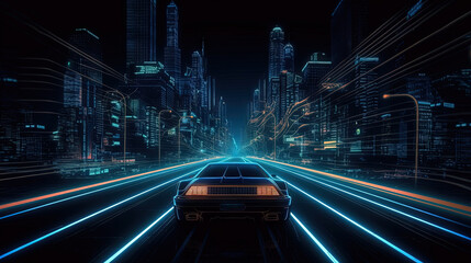 Car ride on the neon road in 80s retro synthwave style.