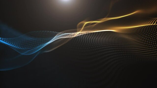 Abstract wave technology from particles. Curved wave. Big data visualization. Blue and gold gradient. Artificial intelligence. 3d rendering.4К