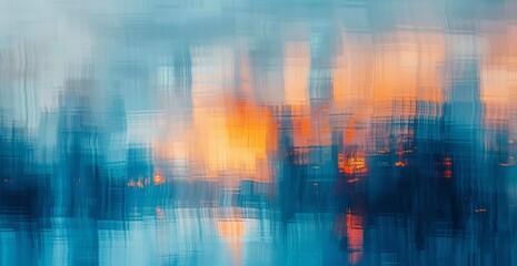An abstract representation of a city skyline at sundown, featuring vibrant hues and dynamic brushstrokes capturing the essence of a bustling urban landscape transitioning into the night.