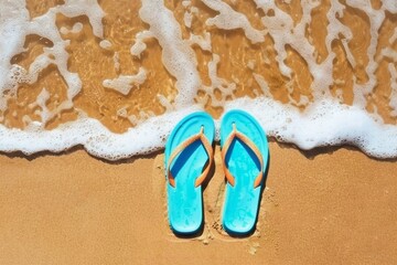 Fototapeta na wymiar Flip flops on a sandy ocean beach. generative ai.