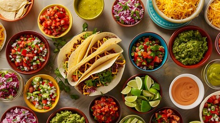 A colorful taco bar with an assortment of fillings, toppings, and salsas - obrazy, fototapety, plakaty