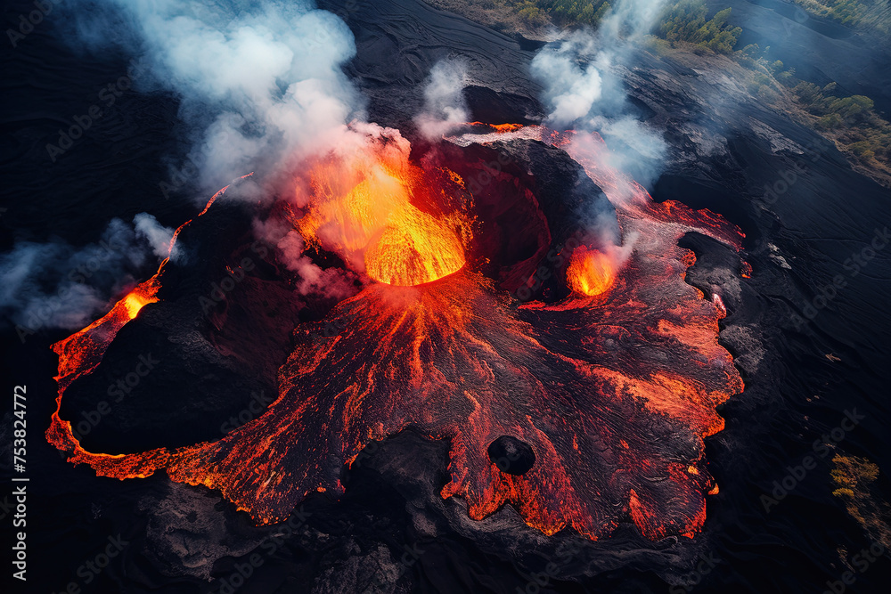 Wall mural volcano eruption from a bird view. volcano crater and magma flow shot from above. genertated ai.
