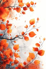 rami con foglie rosse autunnali su sfondo bianco, acquerello