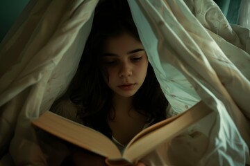 Niña leyendo un libro en su cama - obrazy, fototapety, plakaty