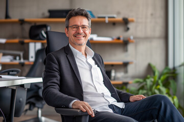Portrait of a senior businessman wearing blazar and sitting in minimal workplace, professional confident matured man seated in office, Business man working in office room, CEO sits in office chair