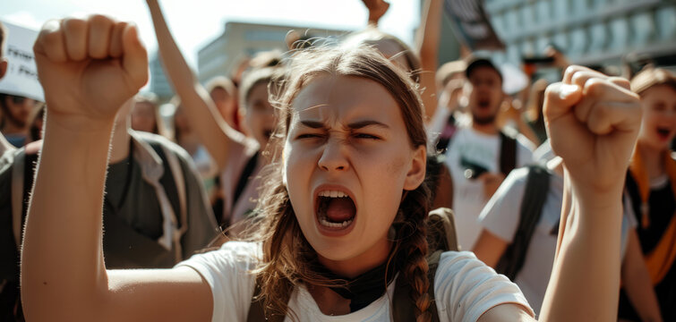 activist girl protest in the street in the crowd.