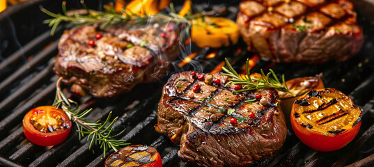 Grilled beef steaks with grilled vegetables on the barbecue grill