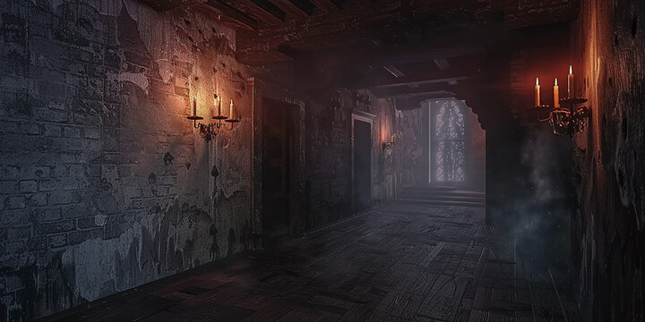 haunted castle interior on creepy spooky night.