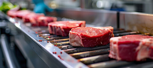 fresh meat pork chops or steaks on a conveyor belt
