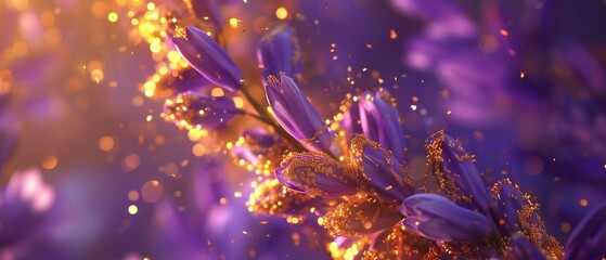 Close-ups unveil the luminescent sheen of gold particles blending with wildflower bluebell petals in macro shots. - obrazy, fototapety, plakaty
