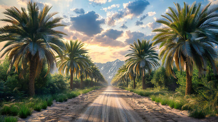Fototapeta premium Tropical Road to Serenity, Palm Trees Guide the Way, Sun Kissed Path to Paradise