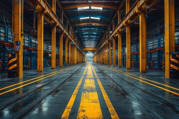 Fototapeta premium Symmetrical view of a long, empty industrial corridor with yellow safety lines and vibrant lighting, suggesting a path forward