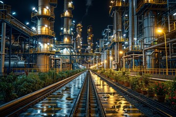 Obraz premium A captivating image showcasing train tracks leading through a brightly lit industrial complex at night