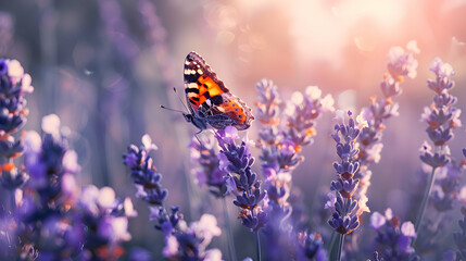 A butterfly gracefully landing on a blossoming lavender plant