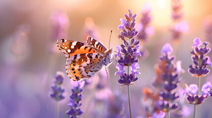 A butterfly gracefully landing on a blossoming lavender plant