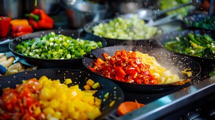 A colorful array of vegetables chopped and ready for a stir-fry in a sizzling wok