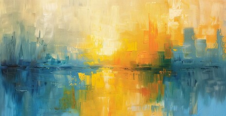 Fototapeta premium Vibrant abstract painting depicting a cityscape with bold yellow and blue colors, capturing the energetic essence of urban life.