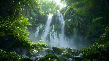 A cascading waterfall framed by lush greenery and moss-covered rocks - obrazy, fototapety, plakaty