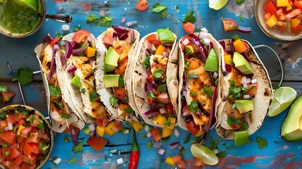 A colorful array of tacos filled with grilled fish, avocado, and tangy salsa