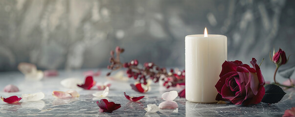 White candle with rose and flower petals