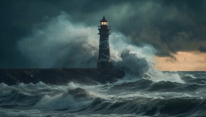 Fototapeta na wymiar Storm with big waves over the lighthouse at the ocean 