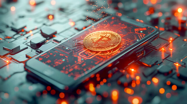 Bitcoin Token on Mobile Over Circuit Board - Mobile bitcoin transfer and airdrop technology