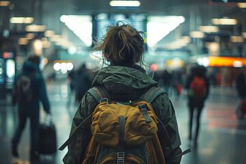 A woman with a yellow backpack is walking through a busy airport