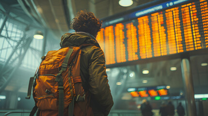 A man with a backpack is standing in front of a large airport terminal board