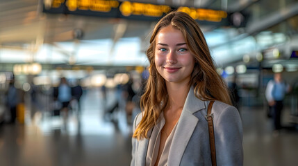 A woman is smiling in a busy airport terminal