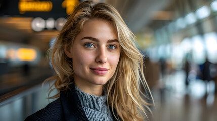 A woman with blonde hair and blue eyes is smiling at the camera