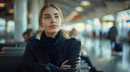 A woman with a scarf wrapped around her neck sits in a waiting area