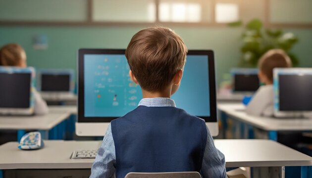 Child From Behind, Focused On A Computer Screen During A Computer Class In A School Setting