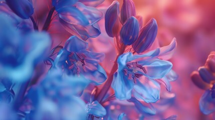 Fluid Serenity: Close-ups reveal the soothing motion of holographic wildflower bluebell petals in macro shots. - obrazy, fototapety, plakaty