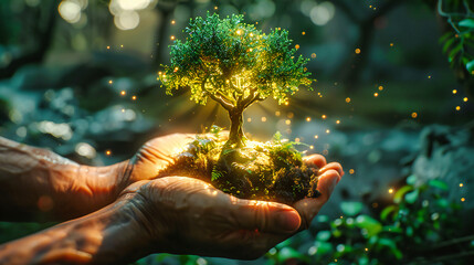 Nurturing the Green Future, Hand Cradles Sapling, Commitment to Earths Care - obrazy, fototapety, plakaty