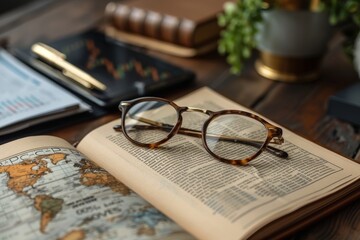 Classic round vintage eyeglasses rest on an open world atlas on a desk, symbolizing travel and history