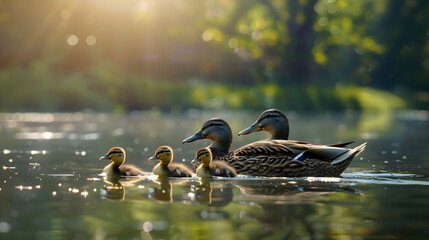 A family of ducks gliding gracefully across a tranquil pond - obrazy, fototapety, plakaty